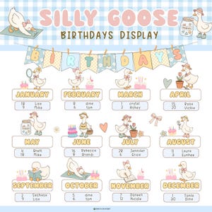 Puede incluir: Un calendario de cumpleaños titulado SILLY GOOSE BIRTHDAYS DISPLAY con doce secciones mensuales. Cada mes incluye ilustraciones de gansos blancos, pasteles y flores, con espacio para escribir nombres y fechas bajo cada mes.
