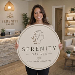 Może przedstawiać: Okrągły beżowy znak z ciemnobrązową grafiką liniową przedstawiającą profil osoby i liść. Tekst brzmi SERENITY DAY SPA, a pod małą ikoną lotosu znajdują się słowa RELAX, RENEW, REJUVENATE. Znak posiada ciemnobrązową obwódkę.