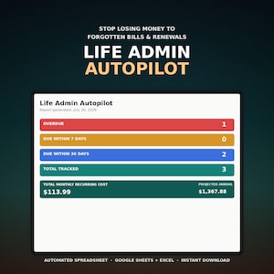 May include: A digital dashboard titled Life Admin Autopilot featuring a report generated on July 30, 2026. It displays status bars for overdue, due within 7 days, and due within 30 days, plus total tracked items and recurring costs of $113.99.