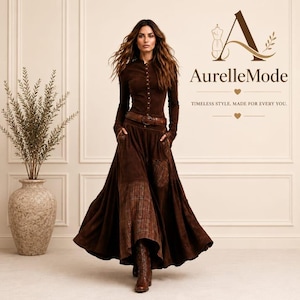 Könnte beinhalten: Ein langärmeliges, dunkelbraunes Oberteil mit Knopfleiste und ein passender bodenlanger Rock mit braunem Ledergürtel. Der Rock hat ein kariertes Paneel und Seitentaschen. Text: AurelleMode, TIMELESS STYLE. MADE FOR EVERY YOU.