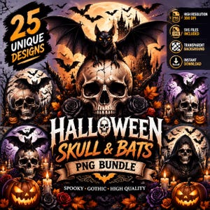 Op de afbeelding: Een digitaal grafisch pakket met 25 unieke Halloween-ontwerpen met schedels, vleermuizen, pompoenen en kaarsen. De centrale tekst luidt Halloween Skull & Bats PNG Bundle, met extra labels voor hoge resolutie en SVG-bestanden.