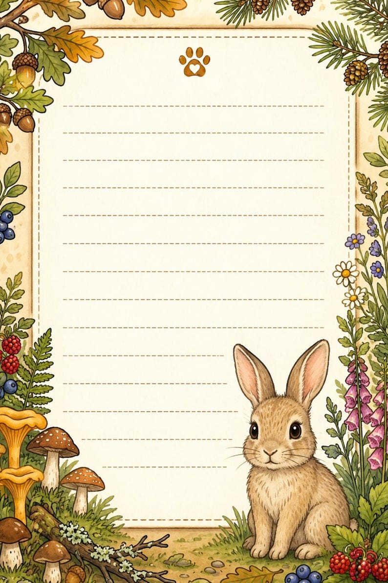Woodland Animal Notepad Paper | Bunny, Berries, Mushrooms (PDF Download ...