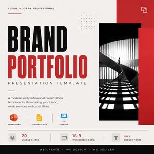 May include: A digital presentation template titled BRAND PORTFOLIO PRESENTATION TEMPLATE with black and red text on a white background. It features a black and white image of a spiral staircase, icons for PowerPoint, Google Slides, and Keynote.