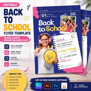 Back to School Flyer Template, Editable Canva & PSD Design for Events