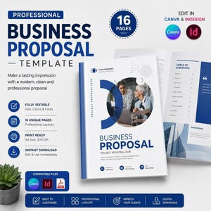 May include: A 16-page business proposal template in A4 size, featuring a white cover with blue circular graphics, text reading Business Proposal Project Proposal 2028, and an interior page showing a table of contents and mission statement.