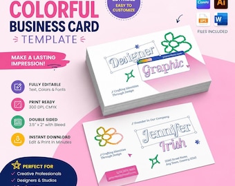 Modèle de carte de visite moderne et colorée pour Canva, AI, EPS et Word
