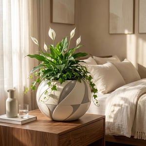 May include: A peace lily plant with white spathes and green leaves, accompanied by trailing ivy, sits in a round, cream and gray ceramic planter featuring a geometric, segmented pattern with smooth and textured surface finishes.