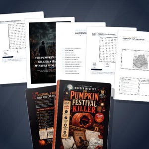 May include: An interactive murder mystery game titled The Pumpkin Festival Killer, featuring a dark cover with a carved pumpkin, a magnifying glass, and documents. The set includes multiple printed pages with word searches, contents, and mystery clues.