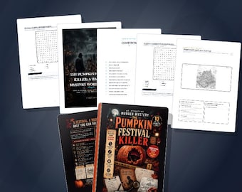 Livro de Quebra-Cabeças de Mistério de Assassinato em PDF - Caça-Palavras de Assassinato no Festival da Abóbora para Adultos - Livro de Atividades Imprimível de Halloween