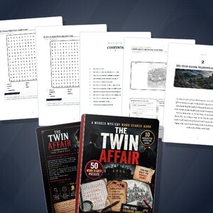 May include: A murder mystery word search book titled The Twin Affair, featuring 50 puzzles and 10 interactive detective cases. The set includes several loose white pages displaying word search grids, a contents list, and a story chapter.