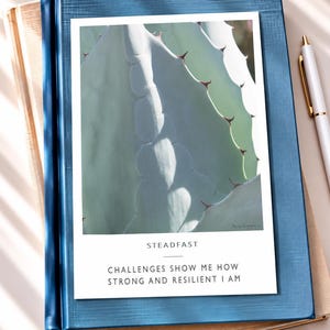 May include: A rectangular print featuring a close-up of a pale green succulent leaf with sharp thorns. Below the image, the text reads STEADFAST and CHALLENGES SHOW ME HOW STRONG AND RESILIENT I AM. The print rests on a blue notebook and a white pen.
