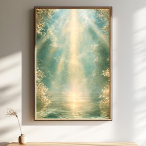 Väggkonst med gyllene triangeln | Tryck med sakral geometri | Eteriskt guldgrönt aquavattenljus | Digital nedladdning av spirituell meditation