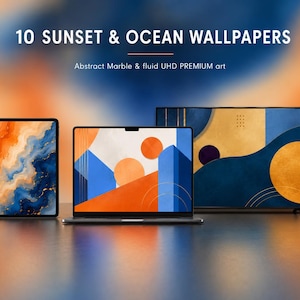 May include: A digital collection titled 10 SUNSET & OCEAN WALLPAPERS Abstract Marble & fluid UHD PREMIUM art, displayed on a tablet, laptop, and television screen featuring orange, blue, and gold abstract geometric and marble patterns.