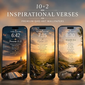 May include: Three smartphones displaying digital wallpapers with inspirational verses, including Proverbs 12:25, Psalm 23, and Isaiah 35:4. The text 10+2 INSPIRATIONAL VERSES PREMIUM QHD ART WALLPAPERS appears above the devices, which show scenic landscapes.