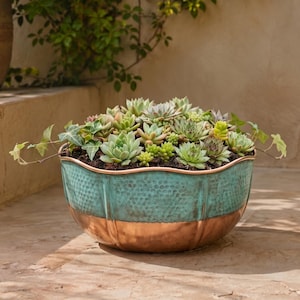 Copper Planter, Verdigris Patina Garden Pot, Rustic Patio Decor