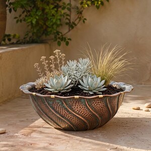 Rustic Copper Planter Bowl, Handmade Garden Planter, Large Outdoor Flower Pot