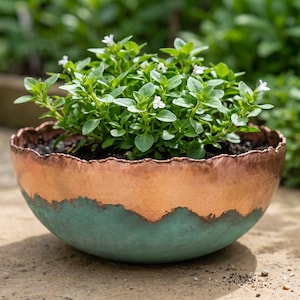 Hand Hammered Copper Planter Bowl, Green Patina Succulent Pot, Modern Garden Decor