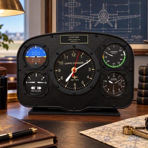May include: A black desk clock designed to resemble an aircraft instrument panel. It features a central clock face with the text CARVE CHARGED EST. 1941, surrounded by four smaller circular gauges including an attitude indicator and airspeed gauge.
