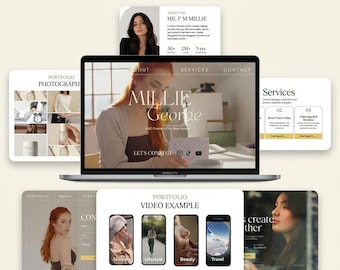 May include: A digital template for a beginner UGC portfolio displayed on a laptop screen surrounded by various layout examples. The text reads BEGINNER UGC PORTFOLIO, Easy To Edit - No UGC Experience Needed, and includes sections for About, Services, and Video Examples.