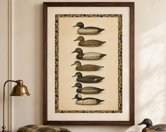 May include: A framed vertical print featuring seven distinct duck decoys arranged in a single column. The artwork is set against a cream background with a decorative camouflage-patterned border, all encased in a dark brown wooden frame.