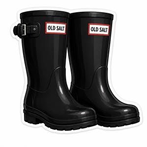 May include: A pair of shiny black rubber rain boots featuring a side buckle strap and a rectangular white label with a red border containing the black text OLD SALT on the upper front of each boot shaft.