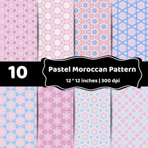 May include: A digital collection of 10 pastel Moroccan patterns featuring repeating geometric floral motifs in shades of pink, blue, and white. The text 10 Pastel Moroccan Pattern 12 * 12 inches | 300 dpi is displayed in white on a black banner.