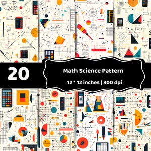 May include: A digital collection of 20 maths and science patterns featuring geometric shapes, calculators, and technical diagrams on a cream background. The text reads 20 Math Science Pattern 12 * 12 inches | 300 dpi in a black banner.