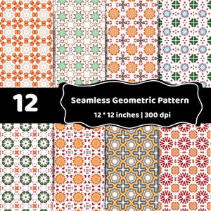 May include: A digital collection of 12 seamless geometric patterns featuring diverse floral and star-shaped motifs in orange, green, red, and blue colour palettes. The text 12 Seamless Geometric Pattern 12 * 12 inches | 300 dpi is displayed.