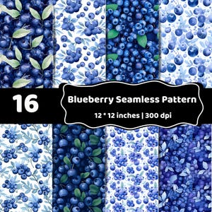 May include: A digital collection of 16 blueberry seamless patterns featuring clusters of dark blue berries and light green leaves on white and dark blue backgrounds. The text 16 Blueberry Seamless Pattern 12 * 12 inches | 300 dpi is displayed.