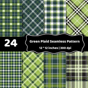Könnte beinhalten: Eine Sammlung von 24 nahtlosen grünen Schottenmustern mit verschiedenen karierten und diagonalen Designs in Dunkelgrün, Limettengrün und Weiß. Der Text 24 Green Plaid Seamless Pattern 12 * 12 inches | 300 dpi steht auf einem schwarzen Etikett.