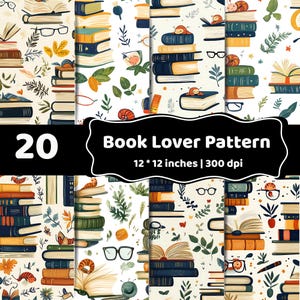 May include: A digital pattern featuring stacks of books, reading glasses, green foliage, and small orange worm-like creatures on a cream background. The image includes the text 20 Book Lover Pattern 12 * 12 inches | 300 dpi in a black frame.