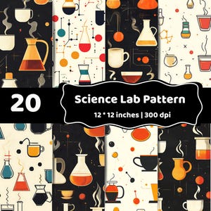 May include: A digital collection of 20 science lab patterns featuring laboratory glassware, beakers, and steaming mugs in black, white, orange, and blue. The text reads 20 Science Lab Pattern 12 * 12 inches | 300 dpi on a black label.