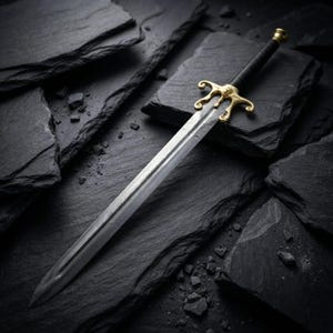 May include: A double-edged steel sword featuring a central fuller, a black wrapped grip, and a gold-toned metal crossguard with ornate, curved quillons. The pommel is a simple gold-toned cap, and the blade displays a subtle, mottled texture.