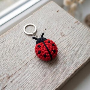 Puede incluir: Un llavero de mariquita hecho a ganchillo con un cuerpo redondo de color rojo brillante con pequeños puntos negros y una cabeza negra. La mariquita está unida a una anilla de metal plateado, lo que permite asegurar llaves o colgarla en bolsos.