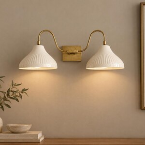 Vintage Brass Double Wall Sconce with White Metal Shades, Mid Century Modern Wall Light, Double Arm Wall Lamp, Bedroom Living Room Lighting