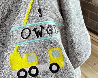 Personalized Kids Bath Towel or sets in Construction Trucks,crane, excavators, bulldozer, digger, dump truck,. cars, animals.. you name it.