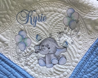 Heirloom baby boy quilt makes a treasured gift baby quilt, Elephant Baby blanket monogrammed or personalized for boys or girls  36"x46"