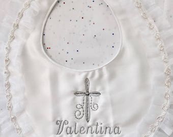 Ivory Baby Bib Spanish Cotton With Lace And Satin Ribbon