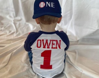First Birthday Baseball outfit, Raglan or Tee Name & age (any age) on back, choice a design for front from listing, also add a baseball cap