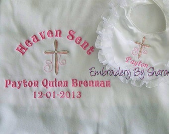 Christening Blanket Bib and Bodysuit or Burp pad ( all 3 in price)- Baptism Blanket -Personalized with name /date if you like. baby blankets