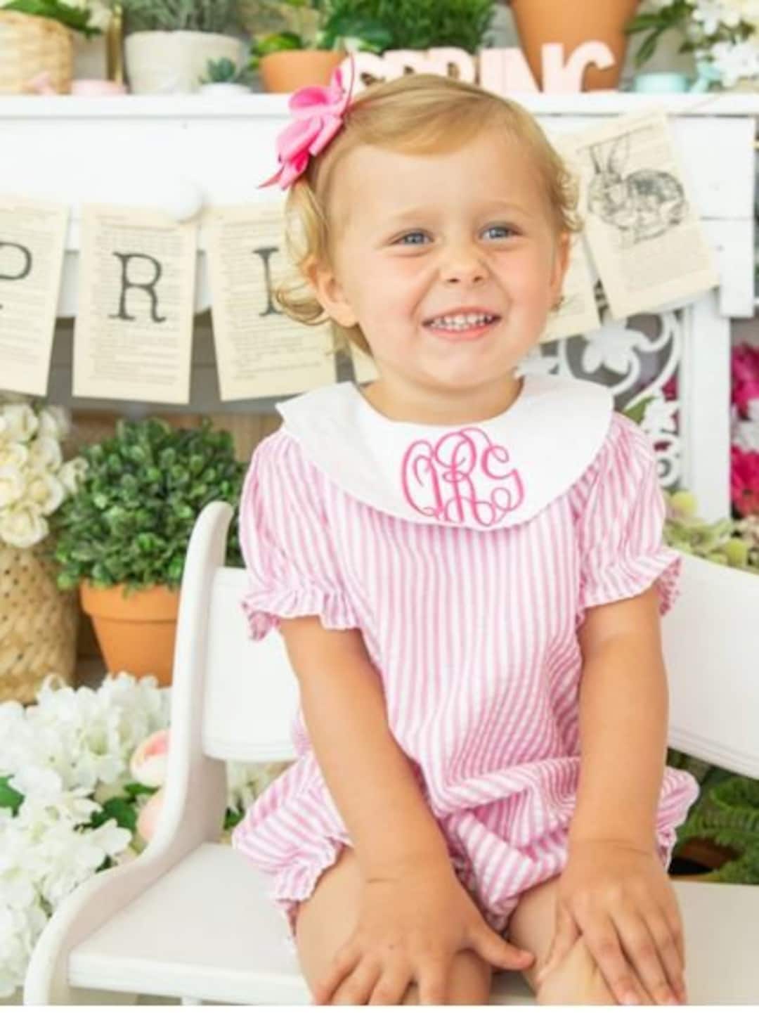 Girls Seersucker Bubble Suit Seersucker Romper Monogrammed Boys