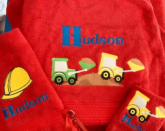 Construction vehicles for kids bath towels, dump truck bath towel, backhoe kids bath towels