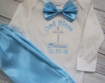 Baby boy christening outfit with bow tie and pants, great to change into after church, Baby boy coming home outfit