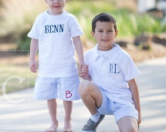 Back to school sets for boys, Monogram Polo shirts and can order Shorts in Seersucker or Gingham for a complete set