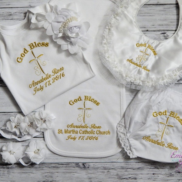 Christening bibs, Baptism burp pad, baptism diaper cover, bodysuit, hairbows, footless sandles,  all the Baptism accessories that you need.