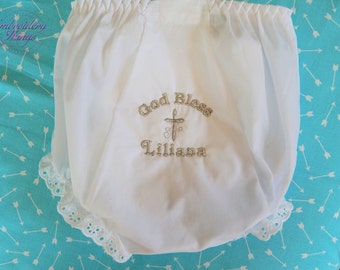 Christening Bloomers- Baptism diaper cover-White Monogrammed Bloomers, Personalised Christening gifts,