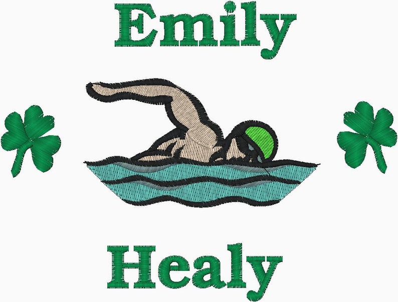May include: Embroidered design featuring a swimmer in a green cap and goggles, swimming in teal water. The name "Emily Healy" is embroidered in green above and below the swimmer, with green shamrocks on either side.