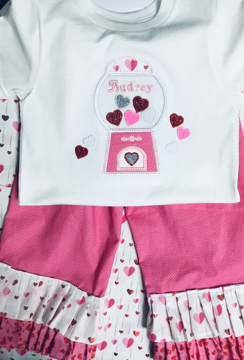 top Valentines day Outfit Girls gumball machine outfit Girls Candy tee Toddler gumball outfit personalize for free ruffled style pants
