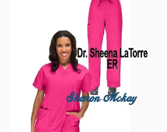 Personalized Ladies V-Neck Scrub tops and pants to match. Professional Medical Scrubs, up to three lines Personalization