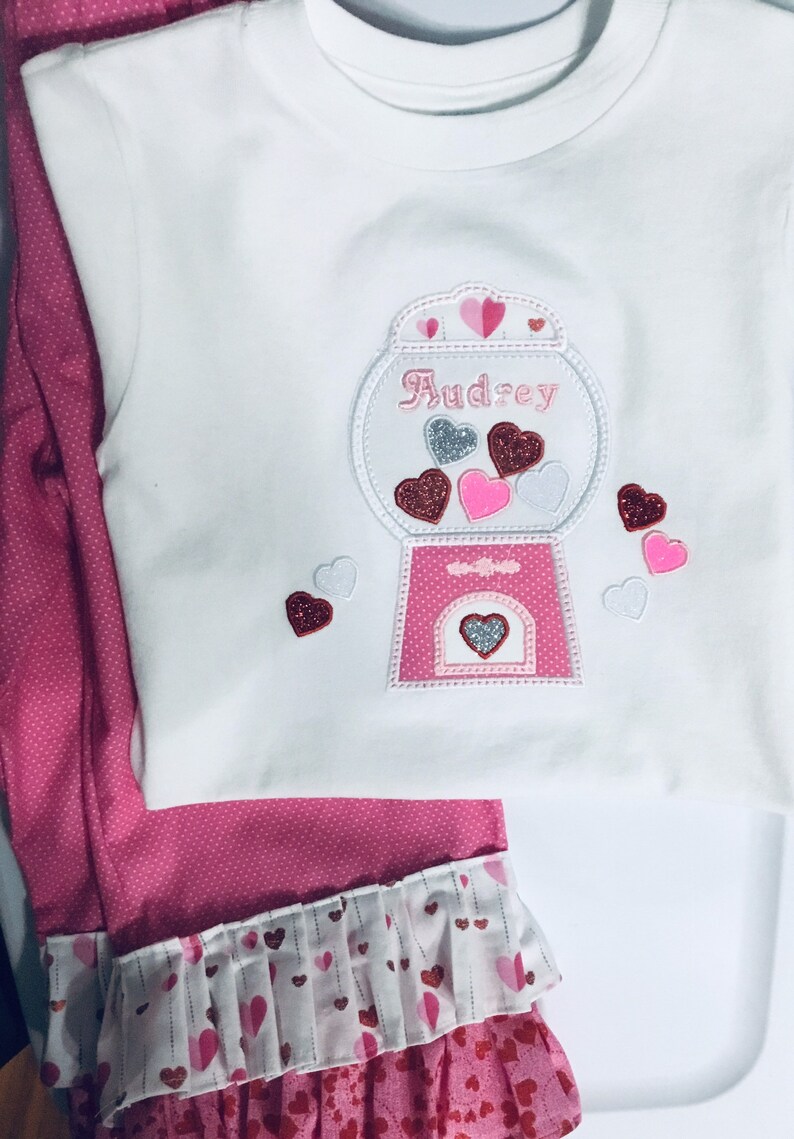 top Valentines day Outfit Girls gumball machine outfit Girls Candy tee Toddler gumball outfit personalize for free ruffled style pants
